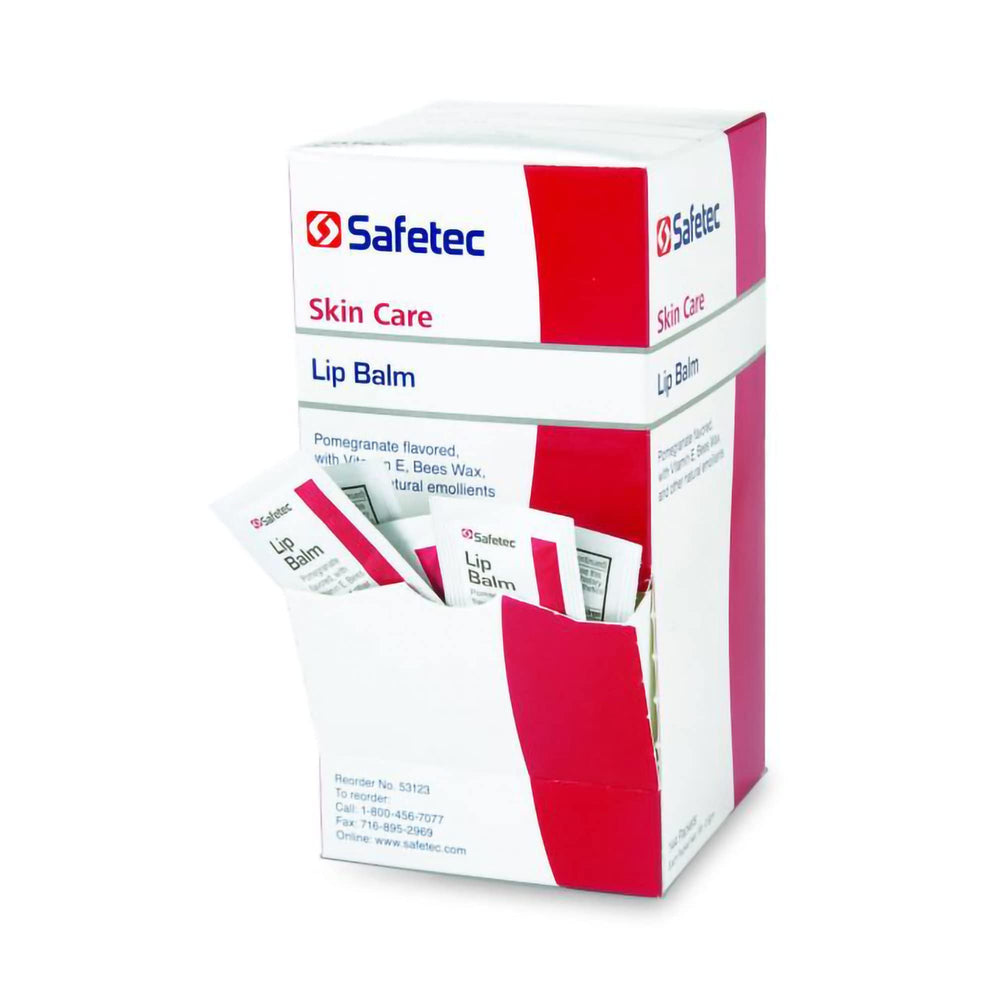 Bálsamo labial de Safetec en empaque individual de aluminio, ideal para viaje y humectación diaria.
