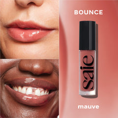 Saie GlossyBounce lip swatches displaying sheer, lip-enhancing tones.
