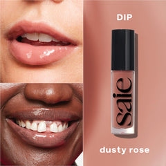 Saie Glossybounce rose swatch on lips with sheer, your-lips-but-better tint.