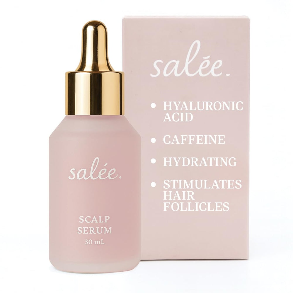 Salee Serum seco para cuero cabelludo, botella visible para hidratación suave.