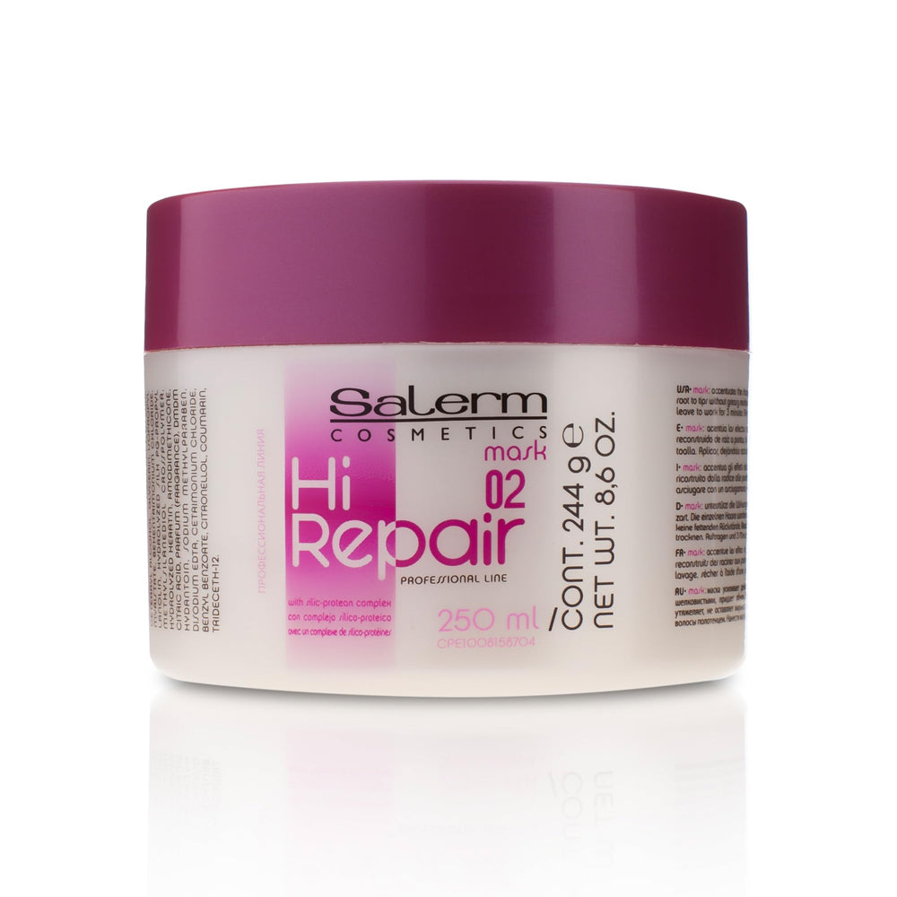 SALERM Hi Repair Masque: bouteille visible, hydratation en profondeur pour cheveux abîmés.