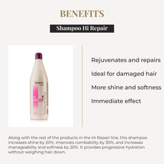 Salerm Hi Repair Shampoo: aplicación en cabello mojado para una limpieza suave.