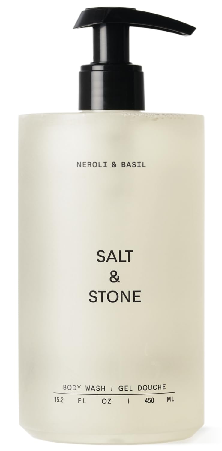 Salt & Stone gel de ducha Neroli y Albahaca, vertido de botella, aroma refrescante para empezar el día