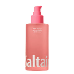 Saltair Aceite Corporal Rosa Playa en pompa, hidratación suave para piel seca.