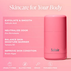 Desodorante Saltair Skincare sin manchas blancas, aplicación suave sin manchar la ropa.
