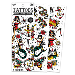 Savvi: tatuajes temporales americanos en la caja, ideal para fiestas y estilo.