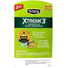 Schick Xtreme 3 Sensitive Razor pack display emphasizes bulk convenience for everyday use.