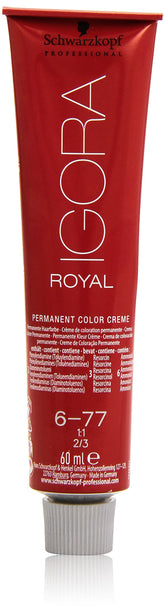 Schwarzkopf Igora Royal bottle shows 6-77 copper-dark blonde with vibrant color