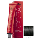 Schwarzkopf Igora Royal color creme 3-0 in dark brown during application for even coverage.