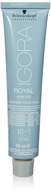 Front view of Schwarzkopf Igora Royal Highlifts box for salon-grade ash blonde color