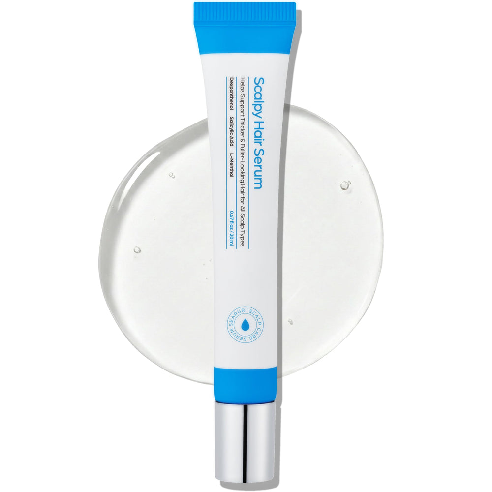 Seapuri Scalpy hair growth serum bottle demonstrates a potent, non-greasy formula for fuller hair.