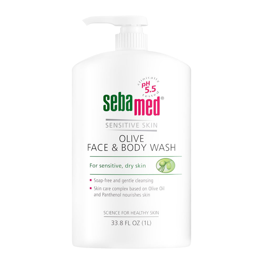 Sebamed Olive: jabón para rostro y cuerpo con bomba, cuidado suave para piel sensible.