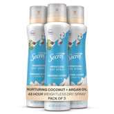 Secret Dry Spray bottle front shows nurturing coconut and argan oil for gentle care