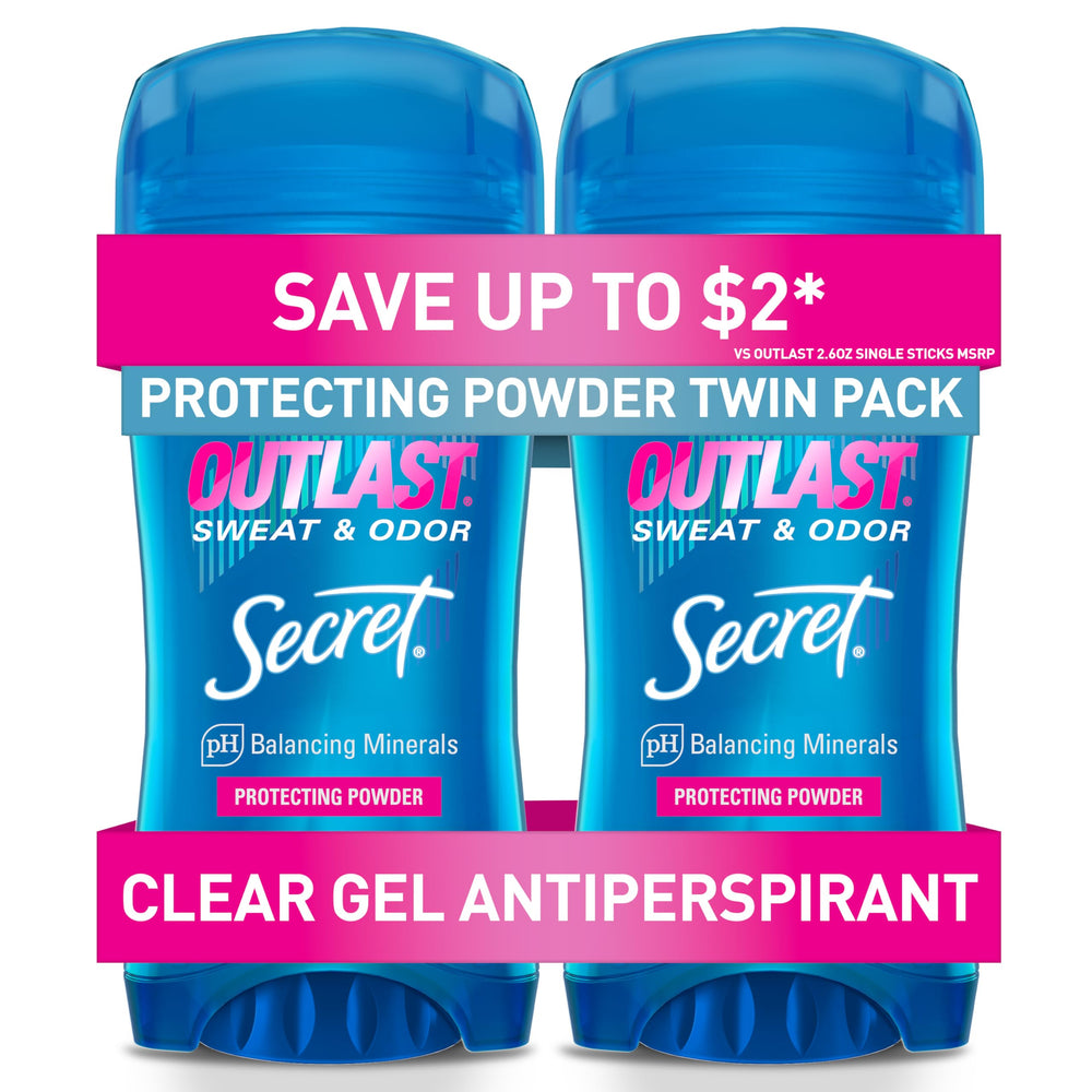 Secret Outlast clear gel deodorant bottle showing long-lasting dryness
