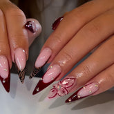 SEENEY uñas estileto Frances marrón con flores rosas para un look elegante