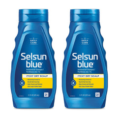 Selsun Blue champú anti caspa, botella frontal, sensación de limpieza profunda.