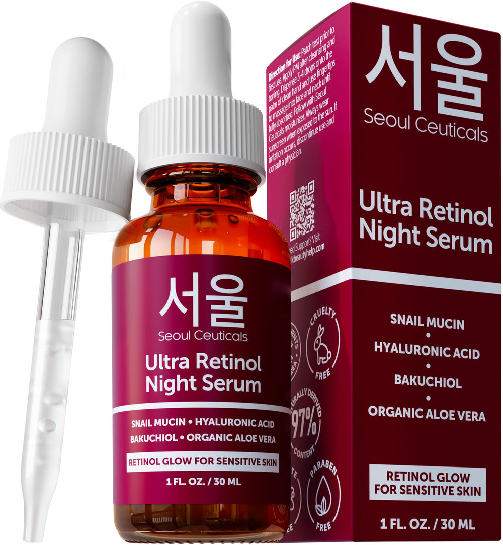 Sérum SeoulCeuticals Retinol Nuit dans flacon – éclat et renouvellement possible.