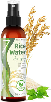 Seven Minerals fermented rice water spray bottle ready for use on hair.