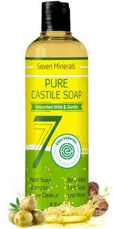 Seven Minerals Pure Castile Soap unscented bottle for gentle cleansing on skin.