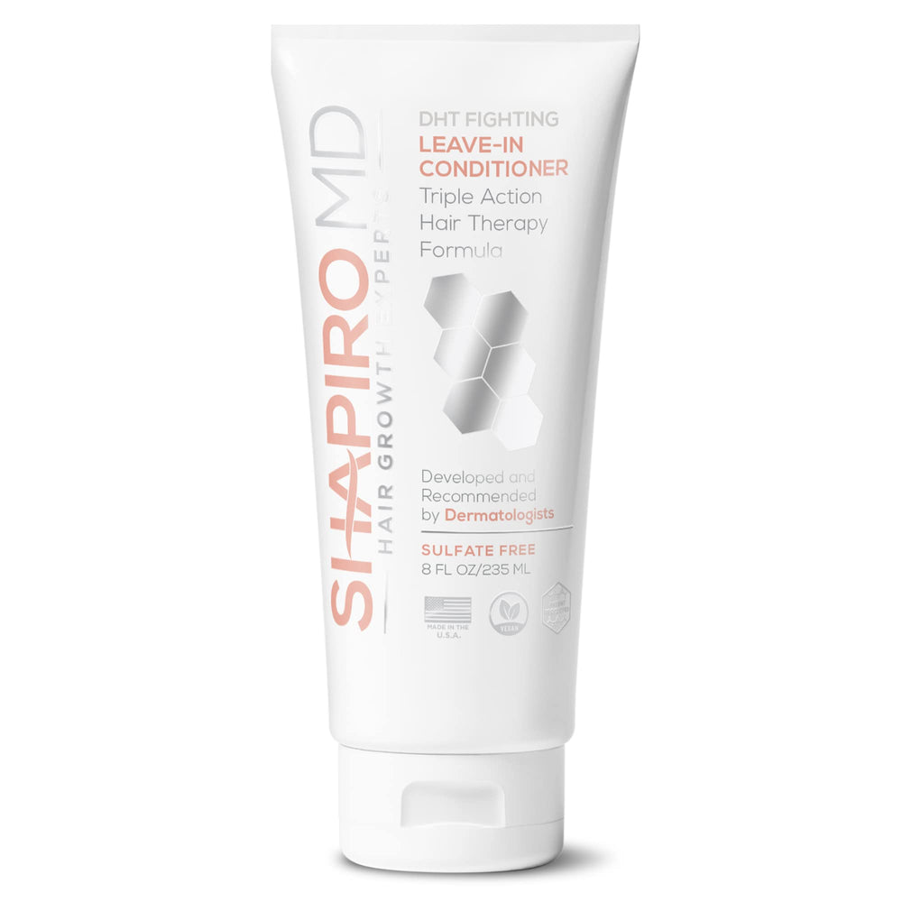 Acondicionador Shapiro MD para caída, enfoque en la botella y cabello más denso