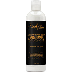 SheaMoisture African Black Soap Soothing Body Lotion bottle close-up for daily hydration.