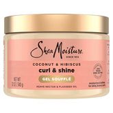 SheaMoisture Coconut Hibiscus Gel Soufflé en envase mostrando rizos definidos