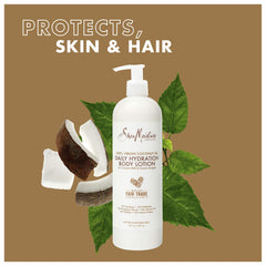Sheamoisture Daily Hydration Lotion label close-up emphasizes coconut oil nourishment.