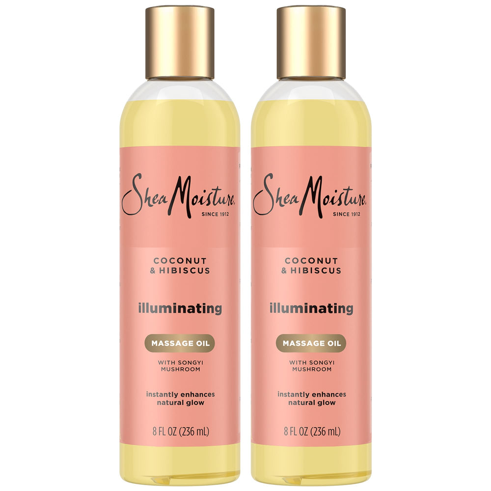 SheaMoisture Massage Oil: botella con coco e hibisco para hidratación profunda tras la ducha.