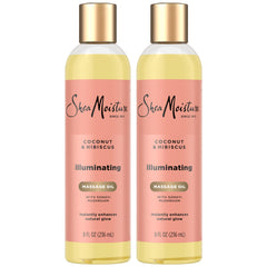 SheaMoisture Massage Oil: botella con coco e hibisco para hidratación profunda tras la ducha.