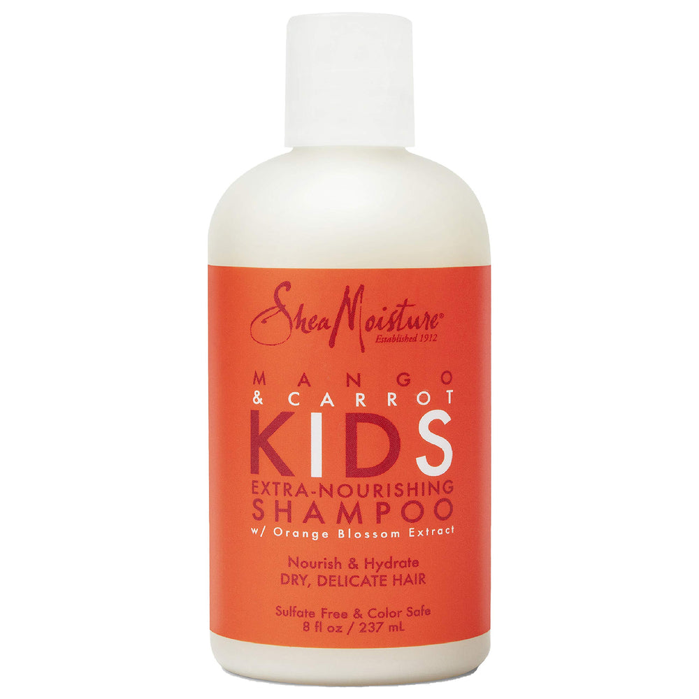 Botella SheaMoisture Niños Champú Mango Zanahoria, limpieza suave para cabello delicado.