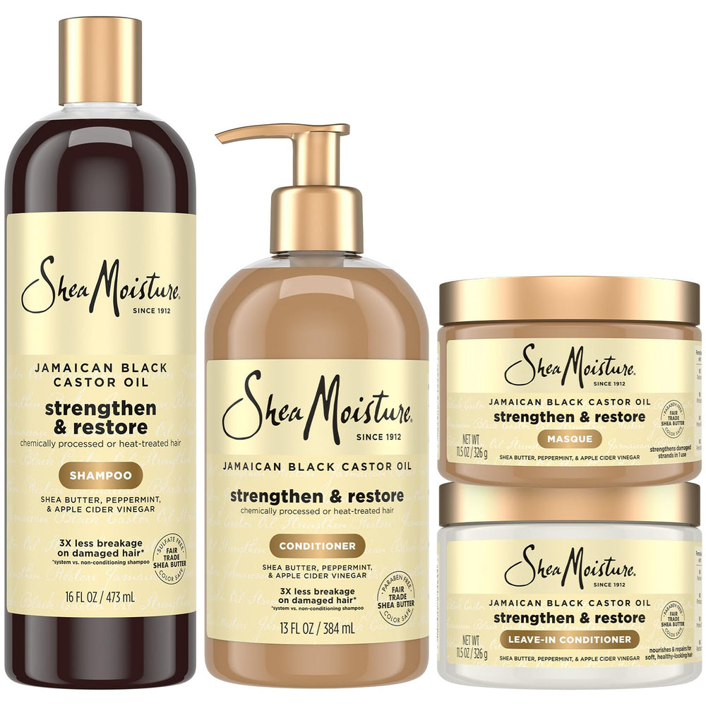 Shampooing SheaMoisture à l'huile de ricin jamaïcaine, nettoie et nourrit les cheveux.