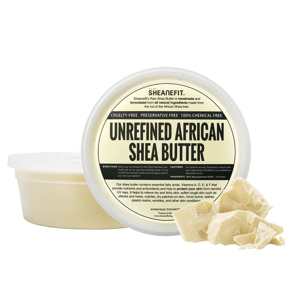 Sheanefit manteca de karité cruda, frasco marfil 8 onzas, hidratación suave para rostro y cuerpo.