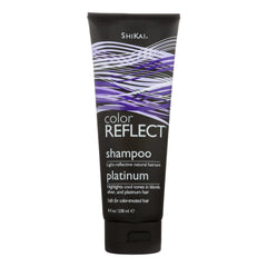 ShiKai Color Reflect Platinum Shampoo, botella azul, realza tonos fríos y deja el cabello suave y manejable.