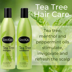 Aplicación suave del acondicionador ShiKai Tea Tree en el cabello.
