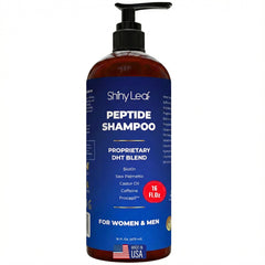 Shiny Leaf Anticaída Peptide Shampoo, botella visible, aporta volumen y cuerpo al cabello.