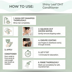 Shiny Leaf DHT Blocker Condicionador, cabello con brillo saludable y acabado suave.
