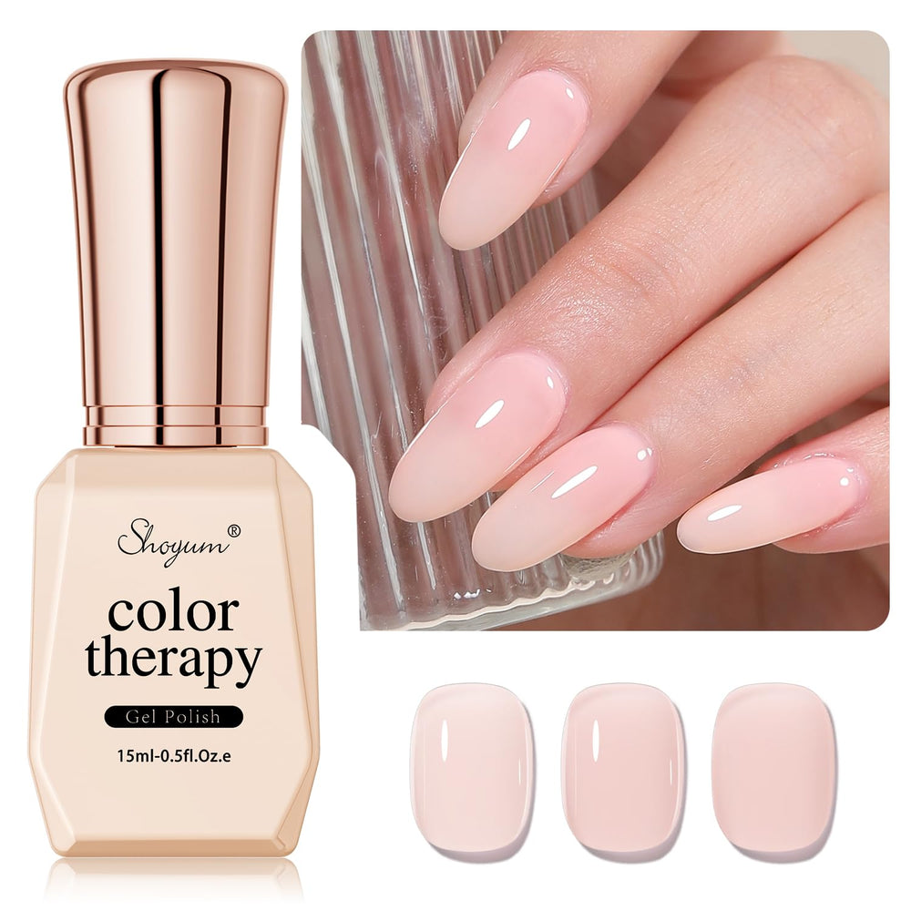 SHOYUM esmalte gel nude pink en envase, tono suave para manicura casera.