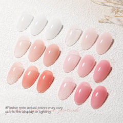 Close-up swatches showing translucent nude pink jelly tones from SHOYUM.
