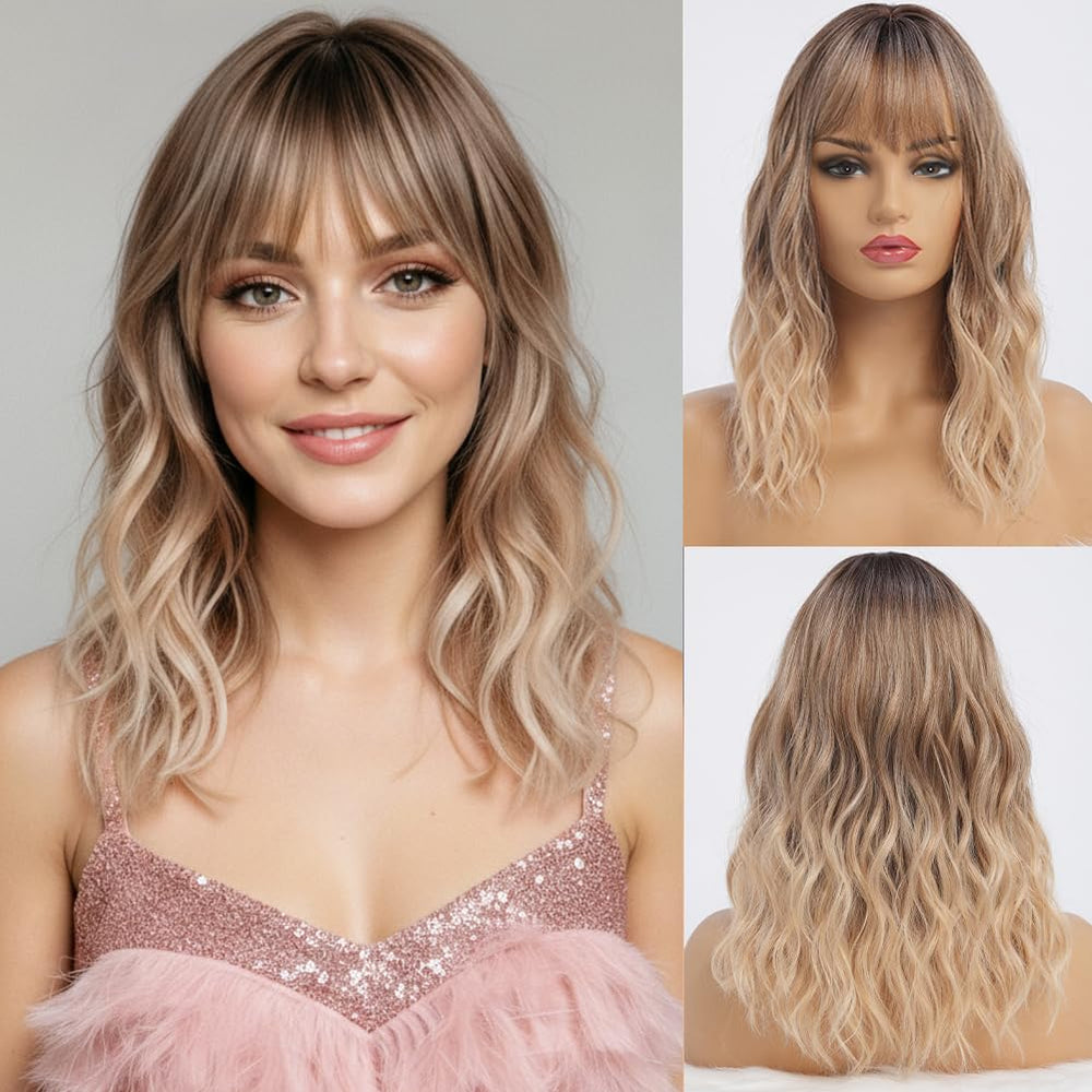 Peluca simkaylee ondulada ombré rubia con flequillo, uso diario