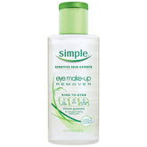 Simple desmaquillante de ojos, botella en primer plano, fórmula suave para ojos sensibles.