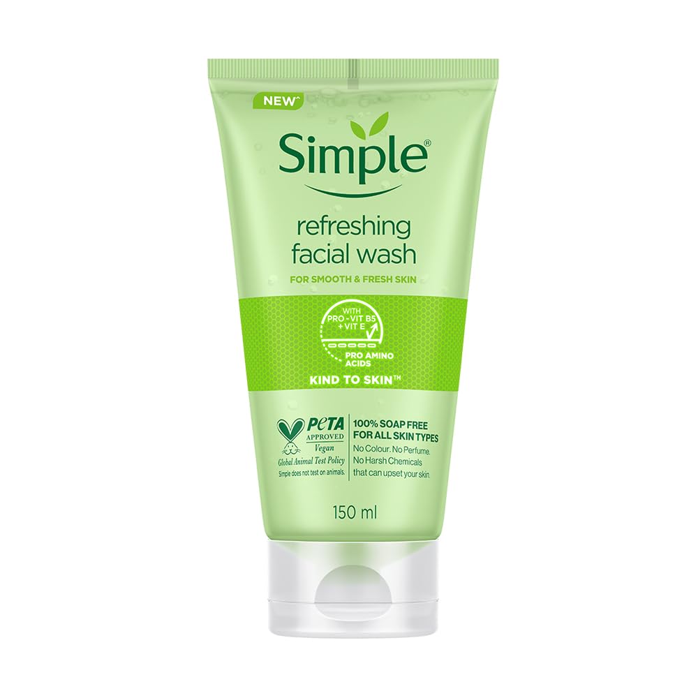 Simple limpiador facial refrescante, textura gel suave para piel sensible.