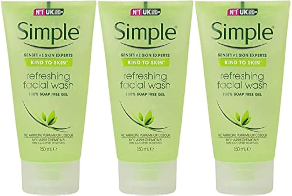 Simple gel limpiador facial refrescante en tubo, pack 3, limpieza suave.