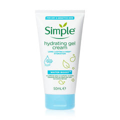 Simple Water Boost Gel Crema en botella, hidratación suave para piel sensible.