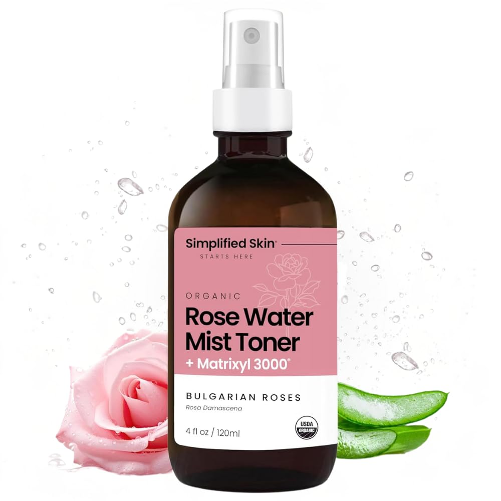 Simplified Skin botella de agua de rosa con pulverizador para hidratación diaria.