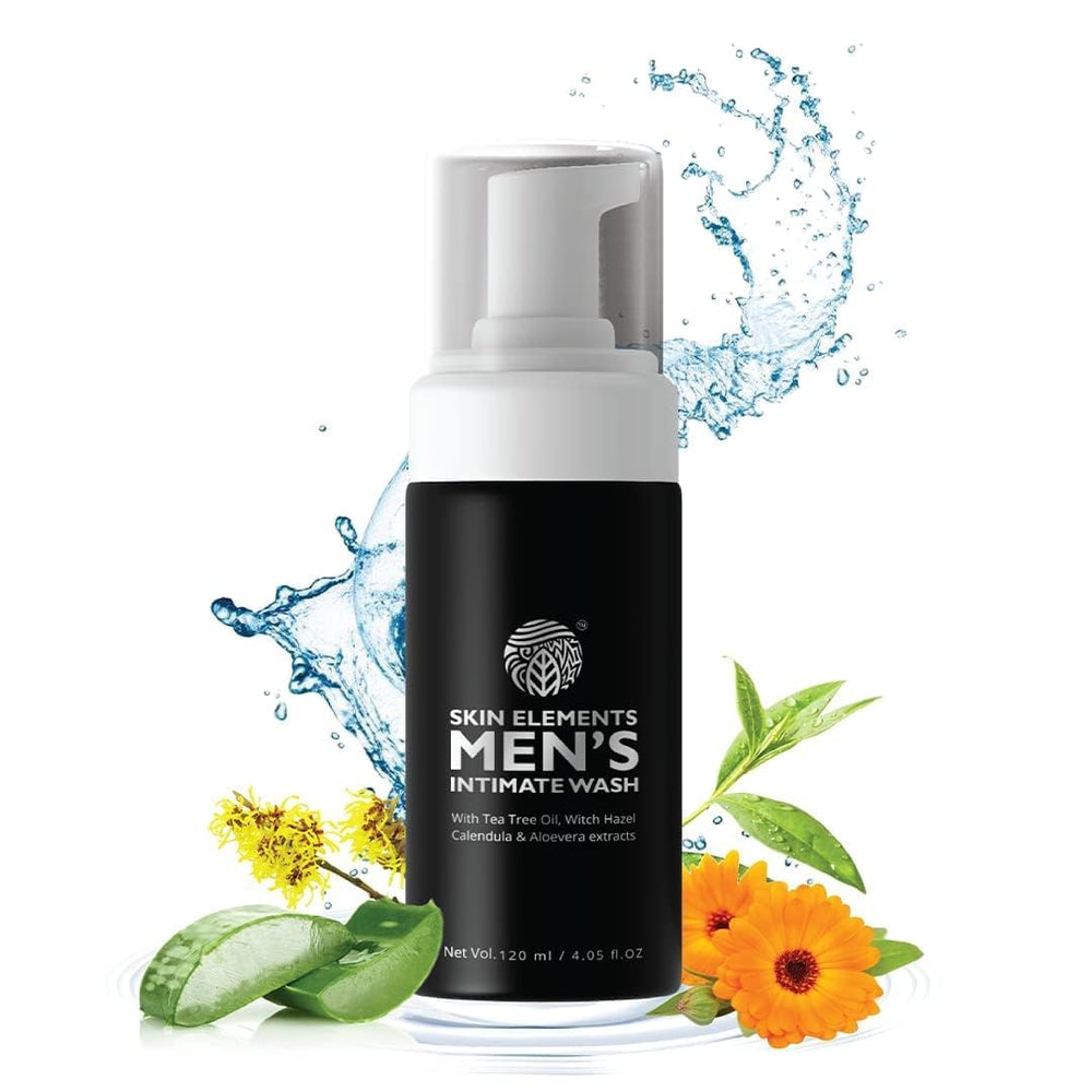 Skin Elements lavando área íntima con botella; higiene diaria y frescura.