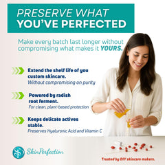 Etiqueta frontal de Skin Perfection Leucidal Liquid para conservar fórmulas caseras.
