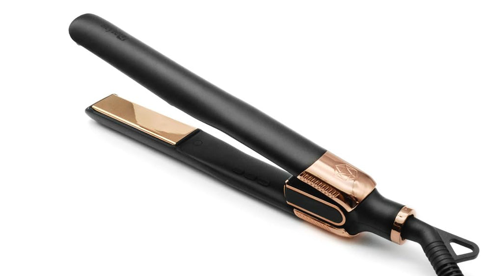 SRILabs StyleQ flat iron showing GraphFlow technology for fast, even heat styling.
