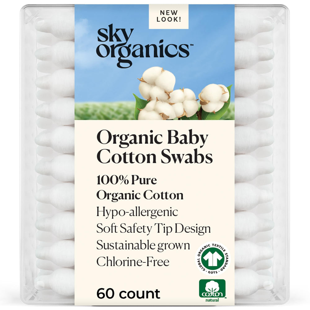 Sky Organics hisopos de algodón orgánico para bebé, 60 unidades, puntas ultra suaves, limpieza externa