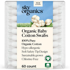 Sky Organics hisopos de algodón orgánico para bebé, 60 unidades, puntas ultra suaves, limpieza externa