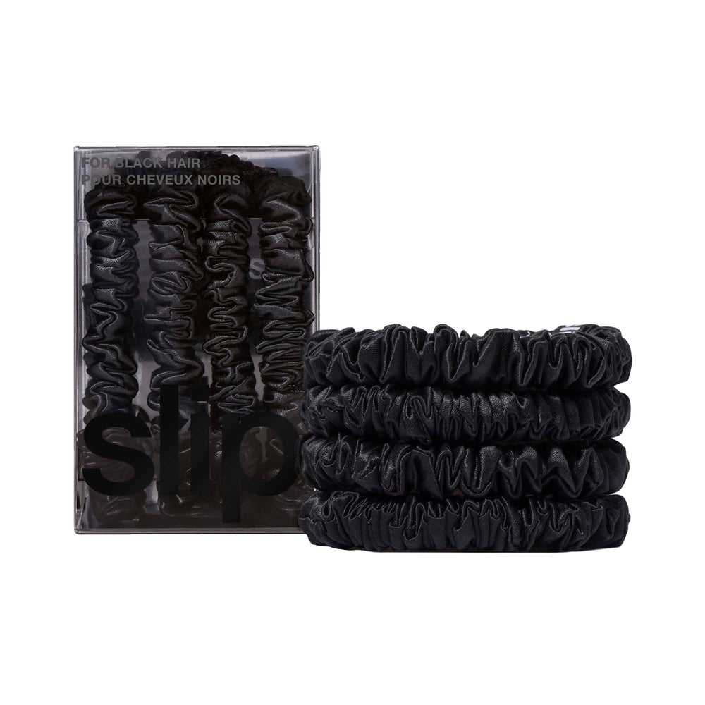 SLIP Silk Skinny Scrunchies negro vista frontal, seda suave para uso diario sin marcas.